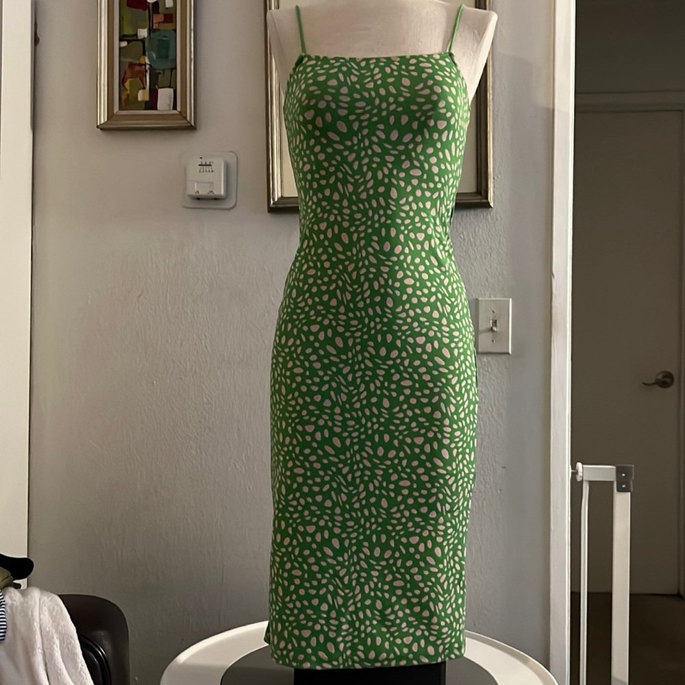 Zara, medium, midi, green with pink spots dress.